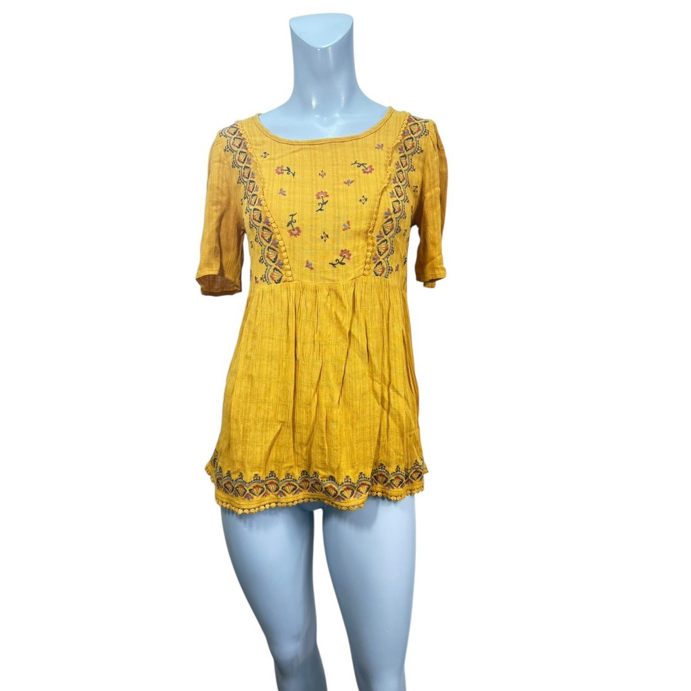 Women's S Knox Rose Yellow Embroidered Short Sleeve Topโ Boho Preowned
